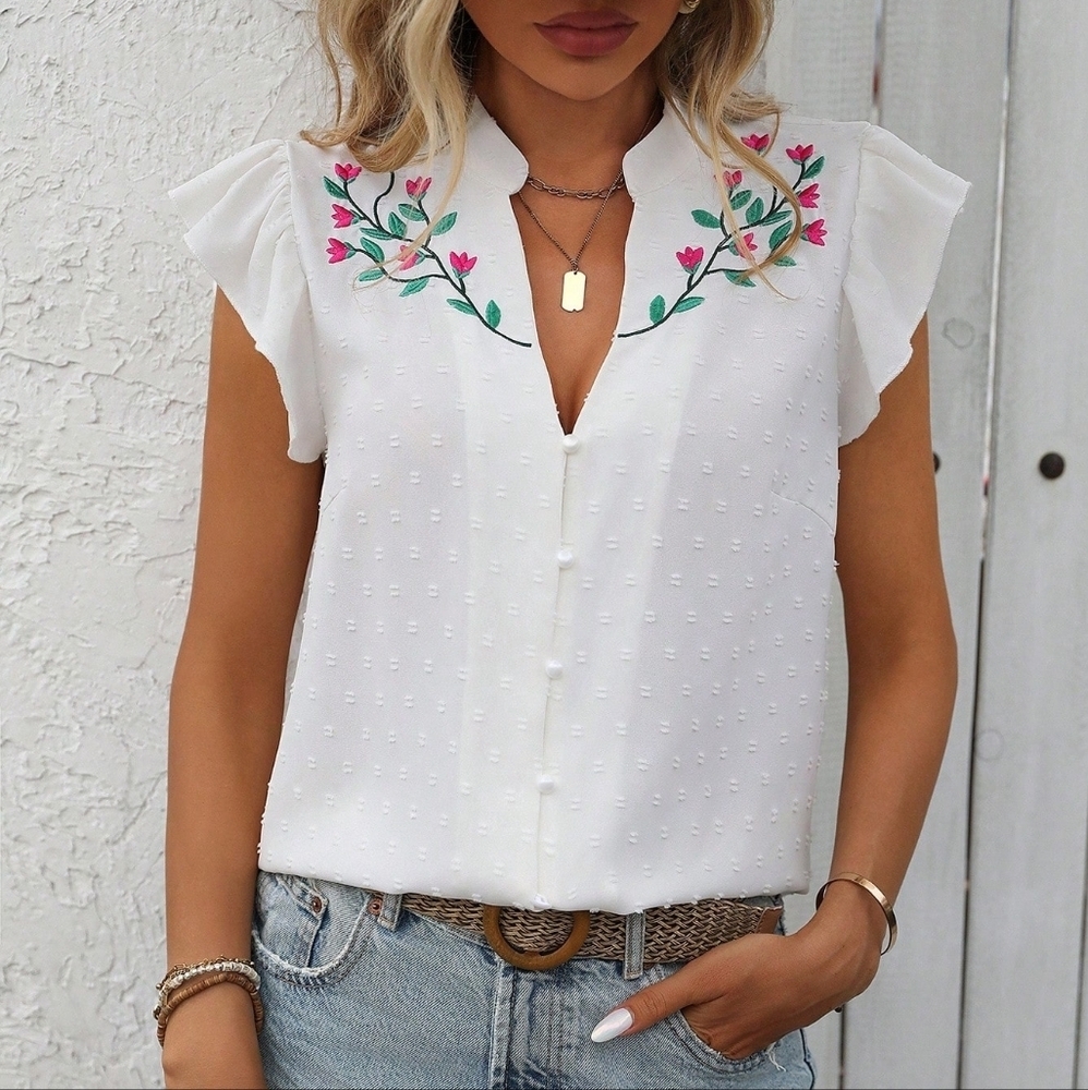 Floral Embroidered Notch Neck Summer Casual Shirt - Picture 2 of 5